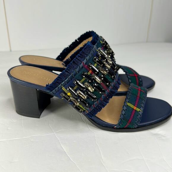 Jack Rogers Beatrix Bejeweled Plaid Block Heel Sandal Navy Green Size 9 New - Picture 3 of 14